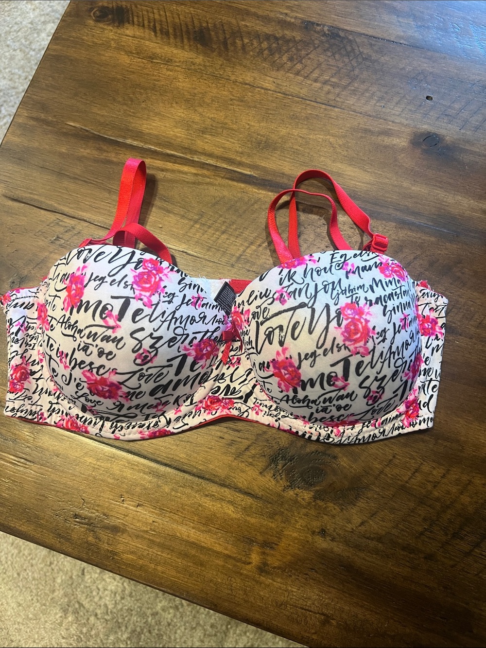 Floral Script Underwire Bra with Pink Accents